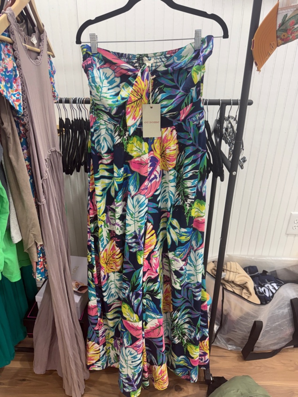ee:some Tropical Leaf Print Strapless Maxi Romper- Navy & Multicolor